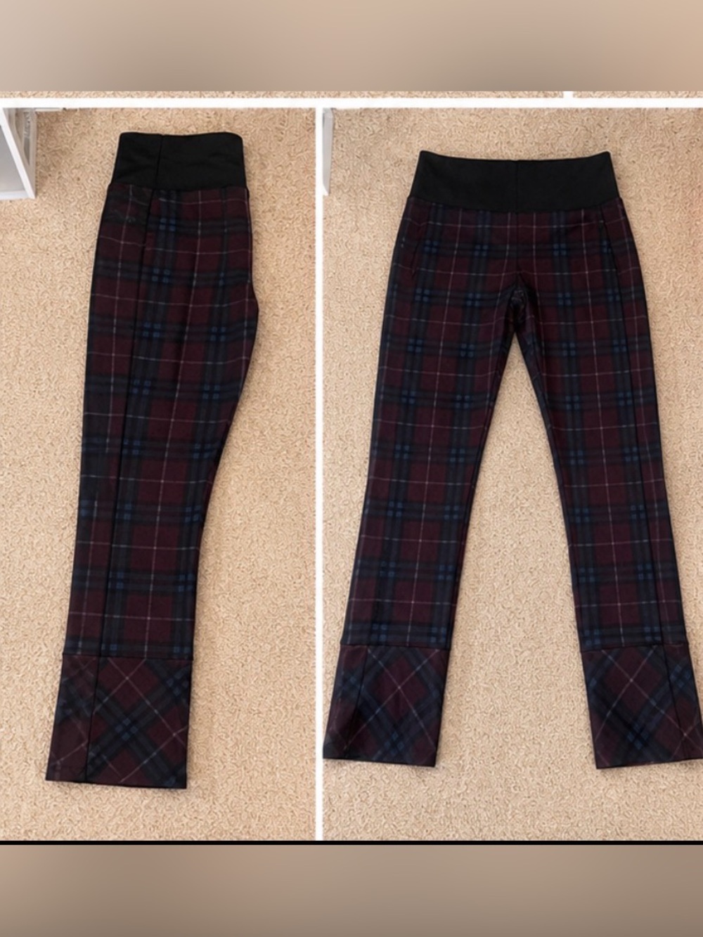 Plaid Pull-On Pants with Black Waistband - Burgundy/Blue